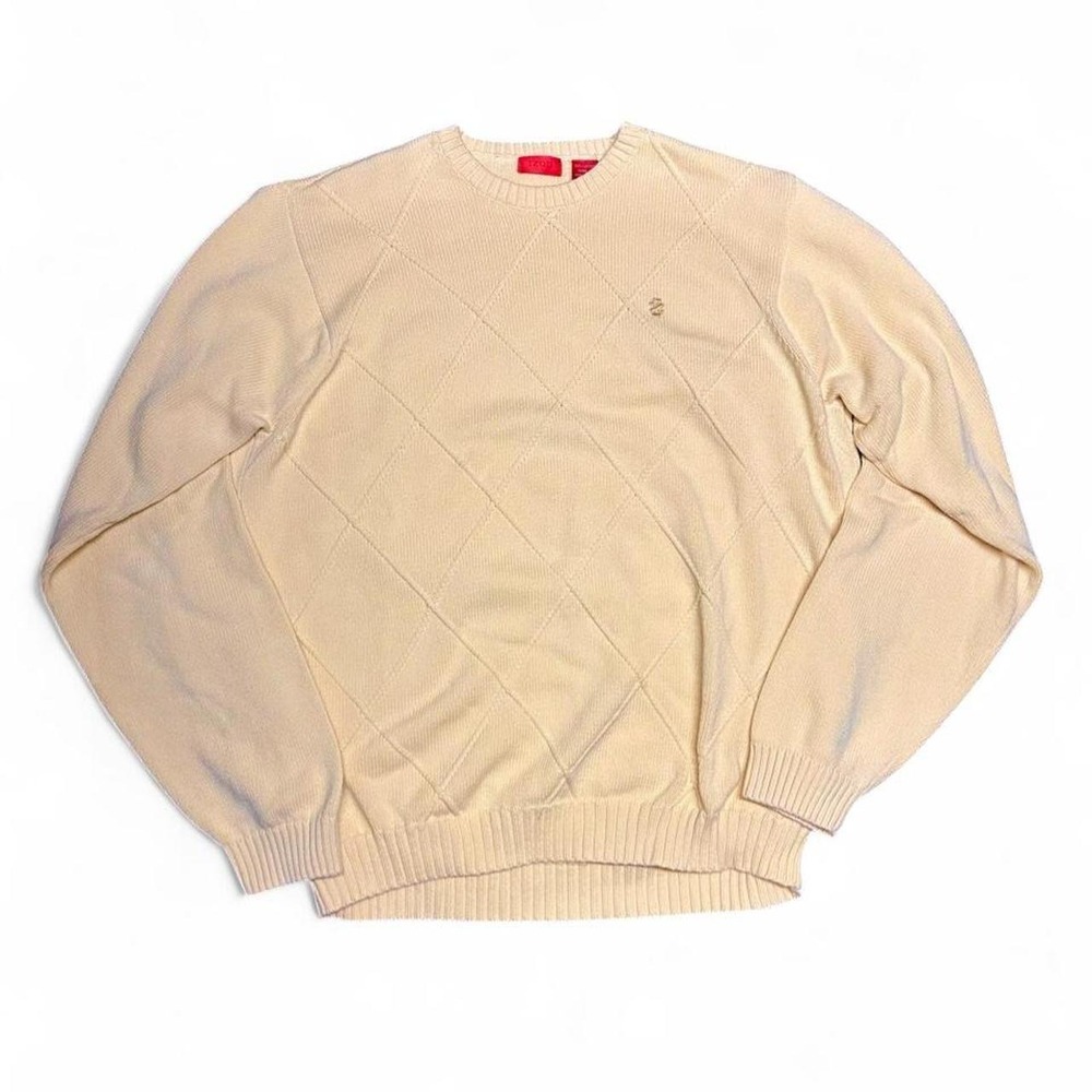 Vintage IZOD Sweater XL Yellow Oversized Diamond Knit Cotton Crewneck Pullover